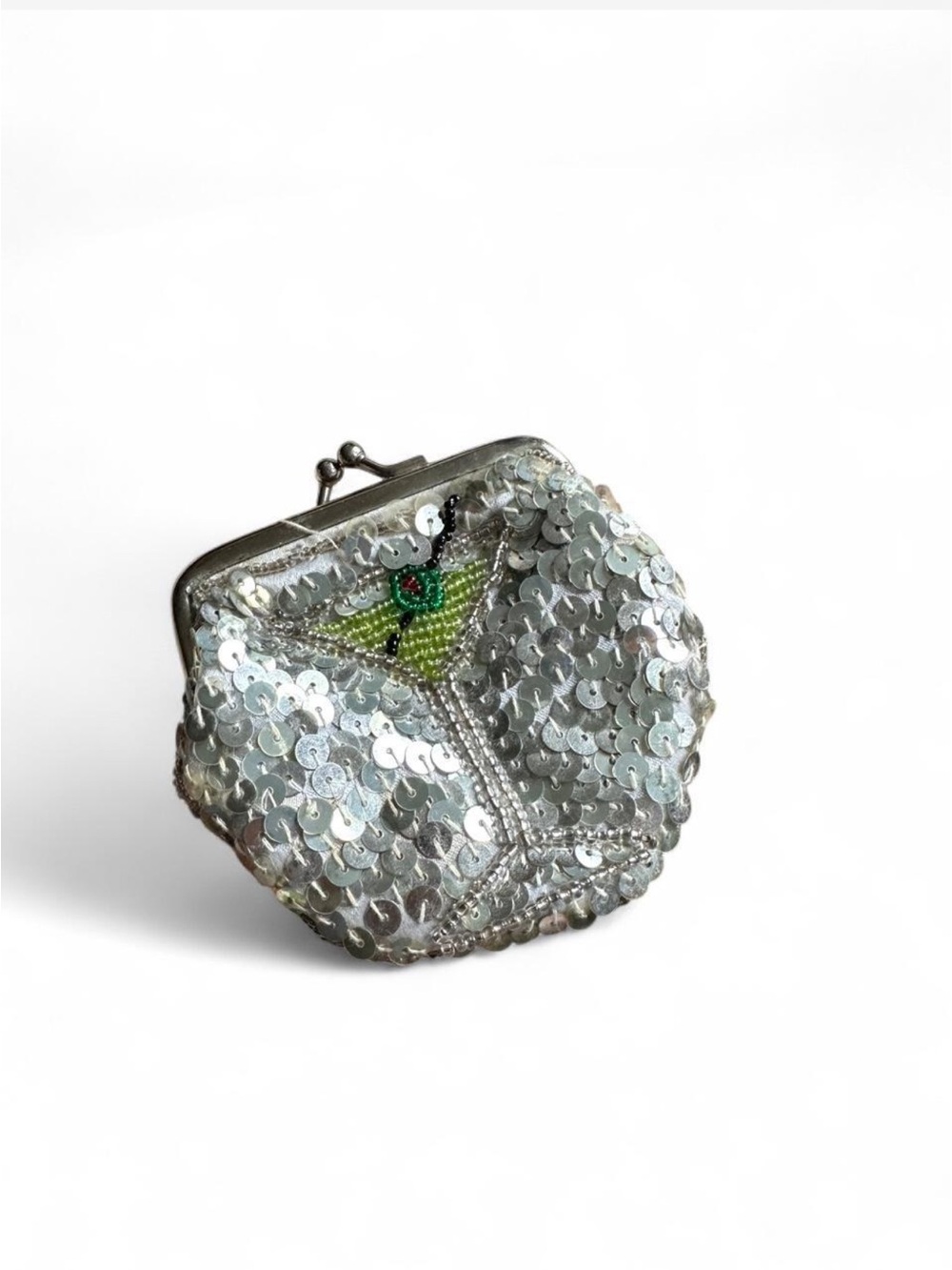 Silver Sequin Beaded Coin Purse with Green Accent